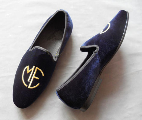 Stile ricamato maschile blu suede loafers, eleganza / moda velluto scivolo sulle scarpe