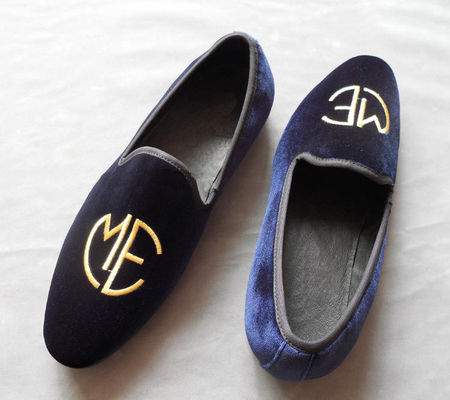 Stile ricamato maschile blu suede loafers, eleganza / moda velluto scivolo sulle scarpe