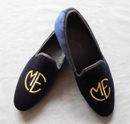Stile ricamato maschile blu suede loafers, eleganza / moda velluto scivolo sulle scarpe