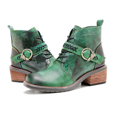 Stile Retro Casual Stivali di pelle da donna tacco basso punta rotonda