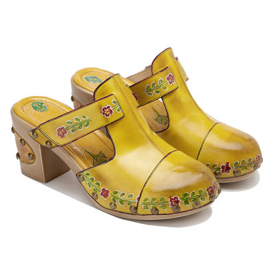 Giallo Moda Donna Sandali Fiorali T-Strap Donna Pelle Clogs Sandali