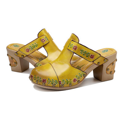 Giallo Moda Donna Sandali Fiorali T-Strap Donna Pelle Clogs Sandali
