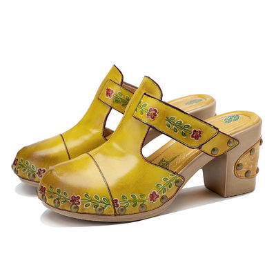 Giallo Moda Donna Sandali Fiorali T-Strap Donna Pelle Clogs Sandali