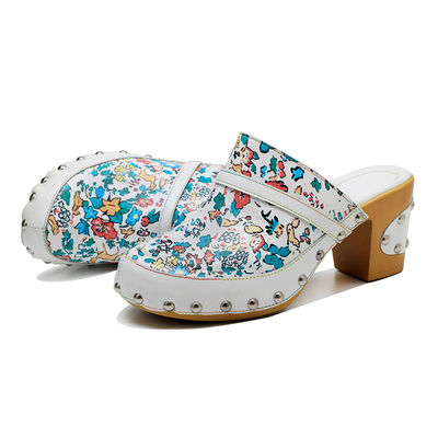 Colorato Boemian Mules Piattaforma Blocco tacco Sandali di cuoio Clogs Scarpe