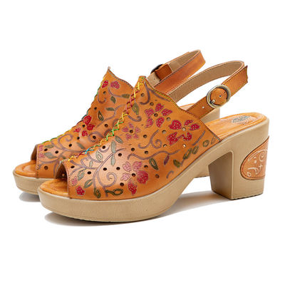 Moda bohémienne Donna Sandali di pelle arancione Blocco Sandali a tacco