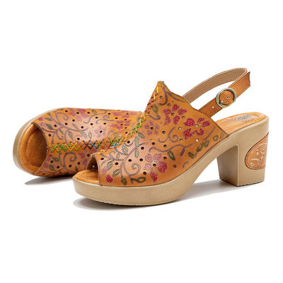 Moda bohémienne Donna Sandali di pelle arancione Blocco Sandali a tacco