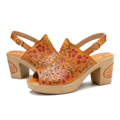 Moda bohémienne Donna Sandali di pelle arancione Blocco Sandali a tacco