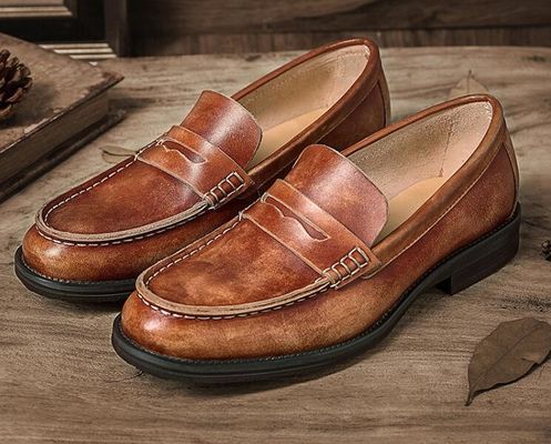 Uomini traspiranti Scarpe da penny marrone, Scarpe da penny di pelle originale