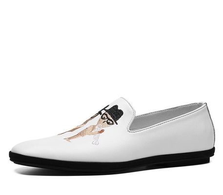 Loafers di pelle piatta e morbida dipinti a mano, stampati, per uomo, con disegni