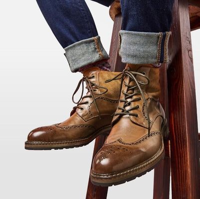 Confortevoli stivali da uomo Brogue marroni, stivali da uomo in cuoio a lacci