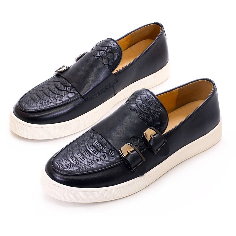 Uomini a tacco basso, punta rotonda, scarpe da ginnastica, tessuto di coccodrillo, pellicce di cavallo.